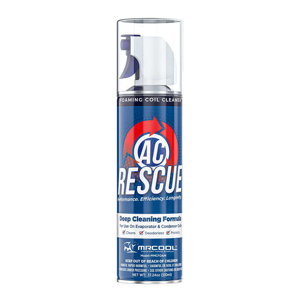 The MRCOOL A/C Rescue foaming cleaner helps to clean, disinfect, and protect your HVAC equipment, thus lengthening their lifespans and allowing them to run at its most optimal operation.